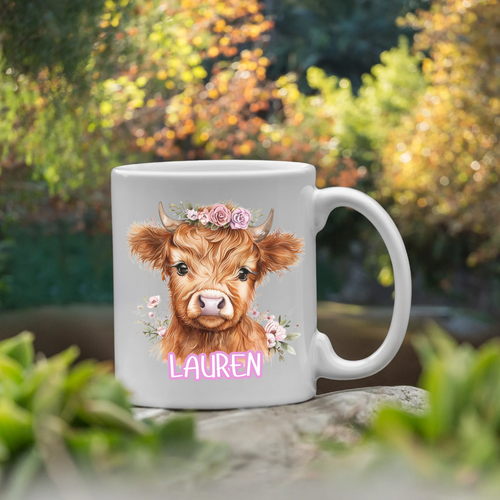 Custom Highland Cow Floral Mug ANY NAME 11oz